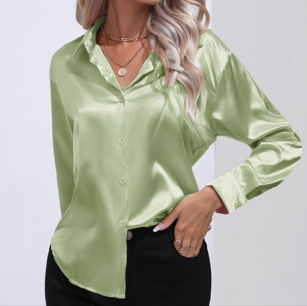 Satin Serenity Button-Up Shirt - Light Green